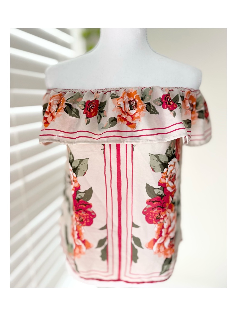 Off-Shoulder Floral Ruffle Top in Cream and Coral